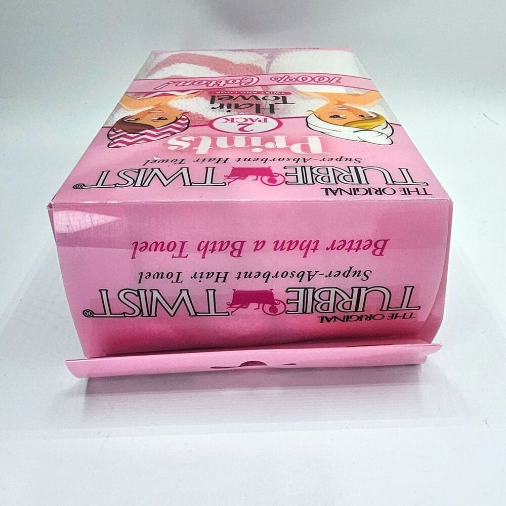 Turbie Twist Hair Towel 2 Pack 100% Cotton Pink Chevron White Quick Dry NWT - Picture 5 of 7
